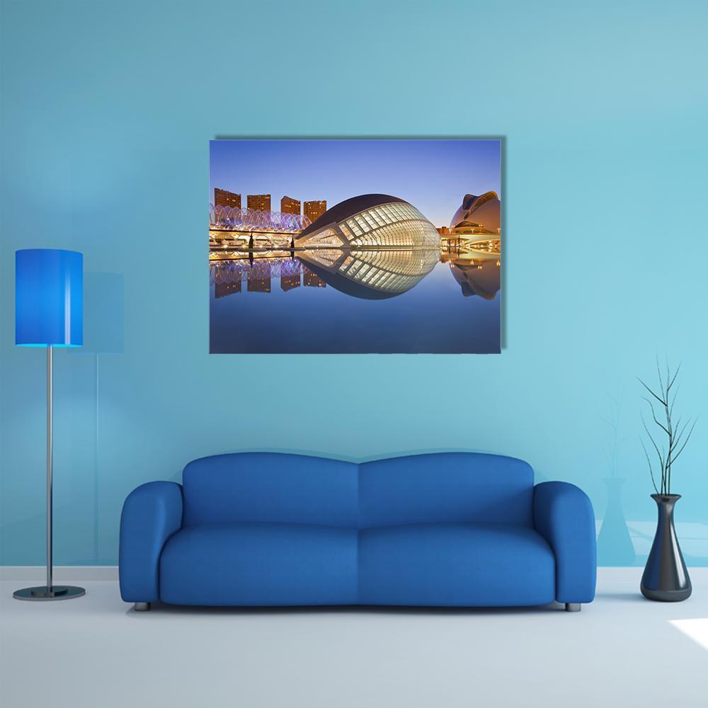 Valencia City of Arts and Sciences at Night Canvas Wall Art in gold, blue and purple, single panel hung on a wall