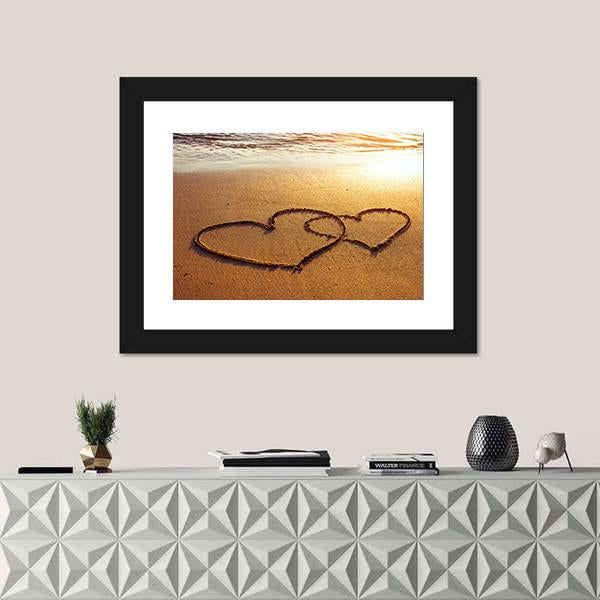 Valentine's Day Greetings On The Sand Two Hearts Canvas Wall Art - Tiaracle