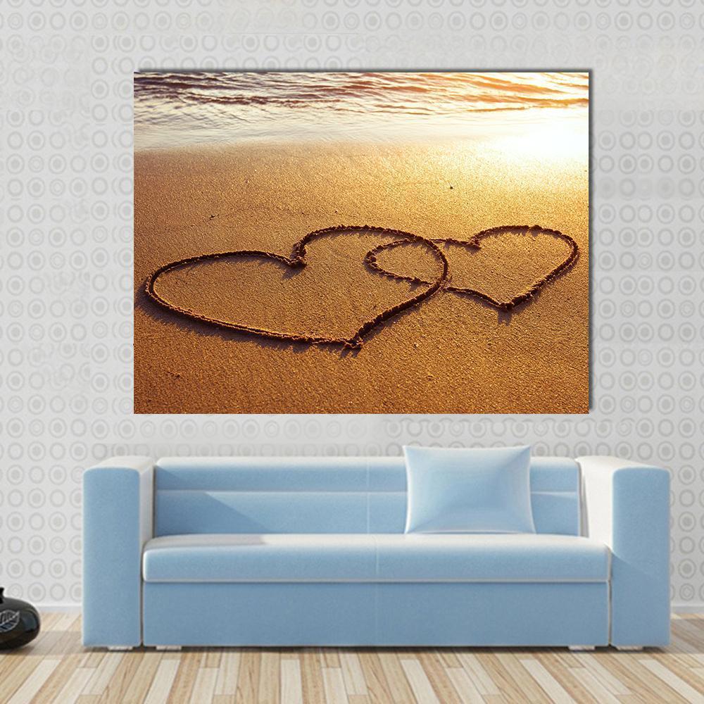 Valentine's Day Greetings On The Sand Two Hearts Canvas Wall Art-1 Piece-Gallery Wrap-36" x 24"-Tiaracle