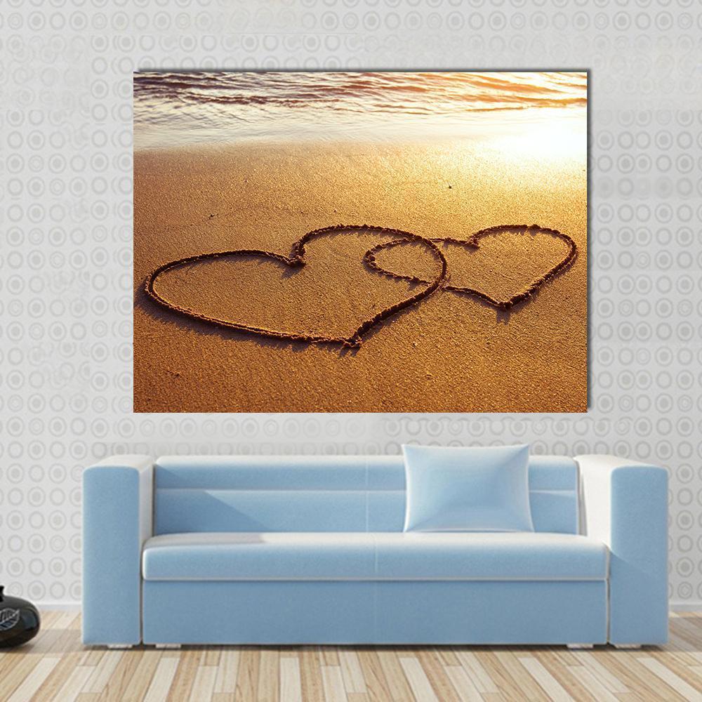 Valentine's Day Greetings On The Sand Two Hearts Canvas Wall Art-4 Horizontal-Gallery Wrap-34" x 24"-Tiaracle