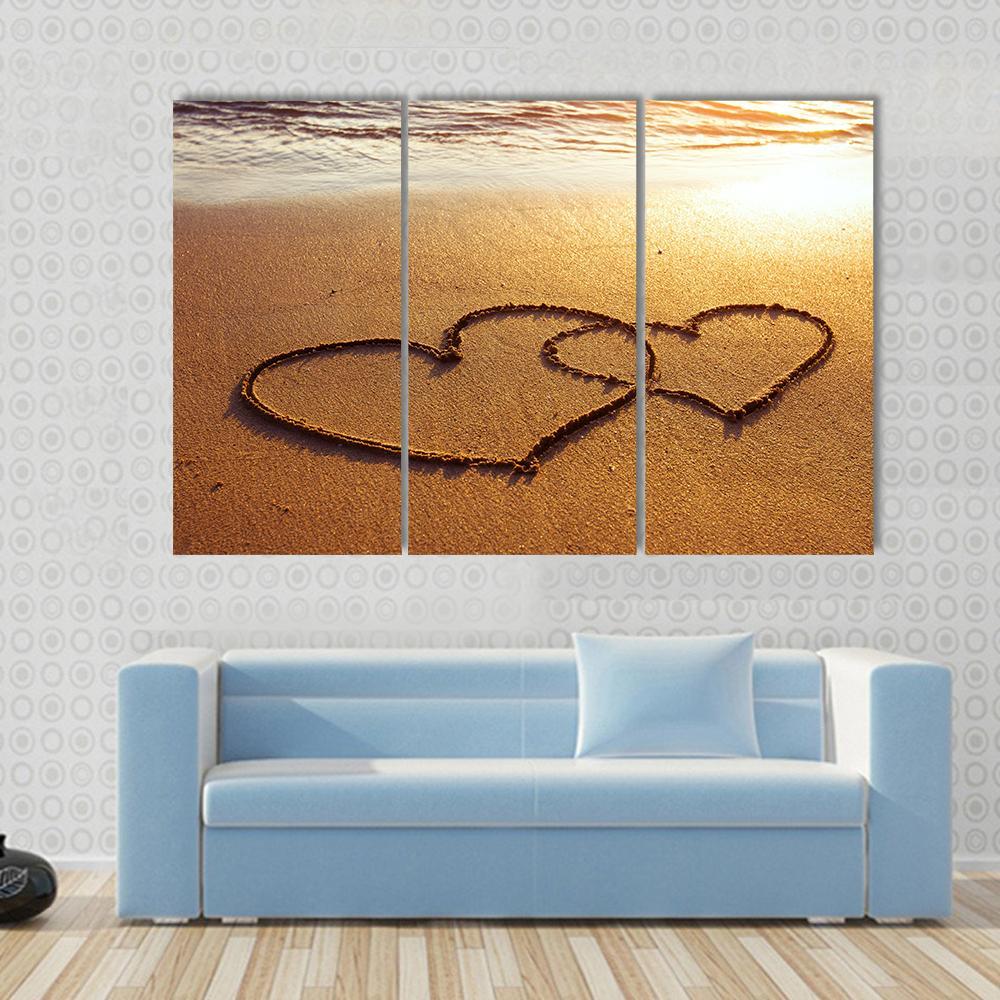 Valentine's Day Greetings On The Sand Two Hearts Canvas Wall Art-5 Star-Gallery Wrap-62" x 32"-Tiaracle