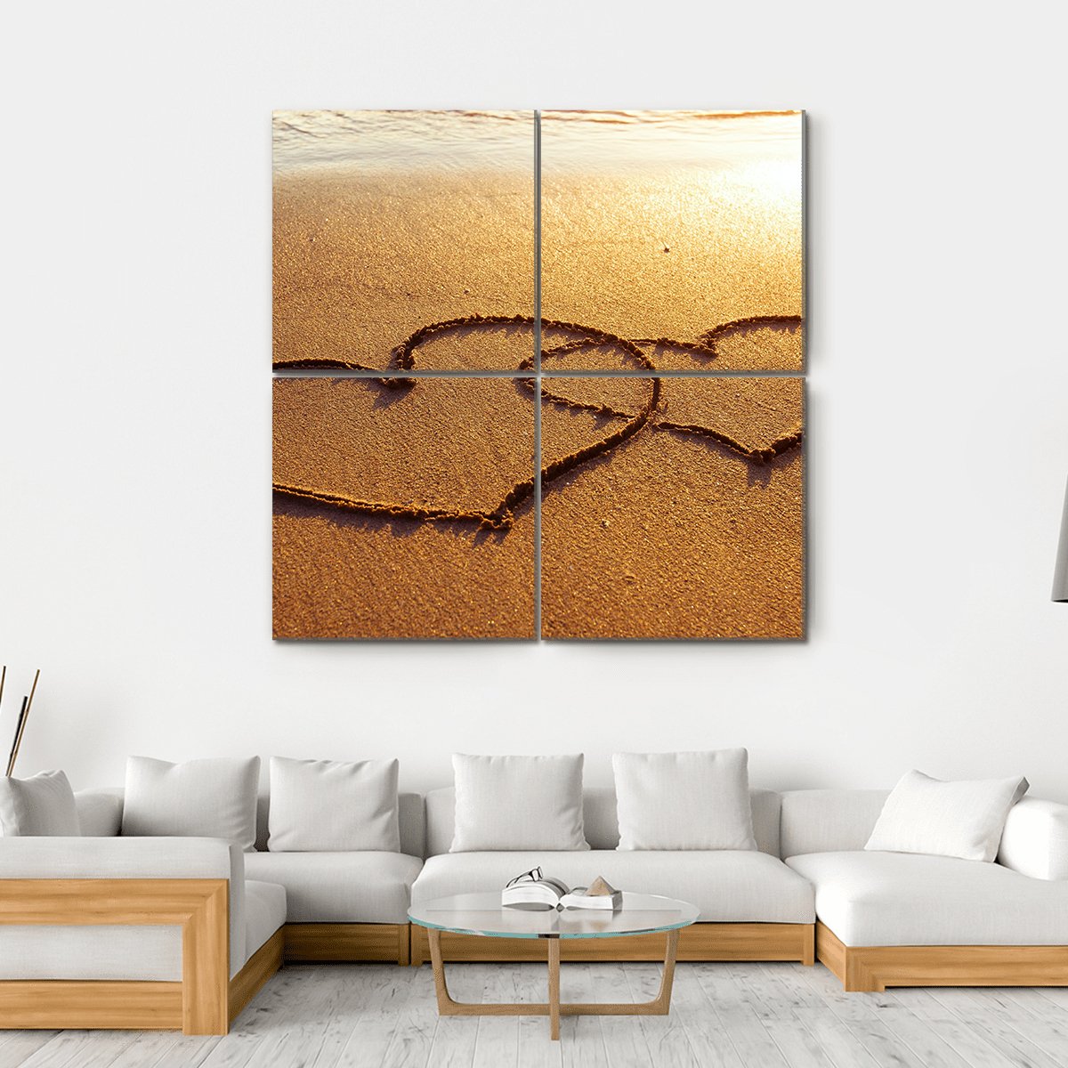 Valentine's Day Greetings On The Sand Two Hearts Canvas Wall Art-4 Square-Gallery Wrap-17" x 17"-Tiaracle