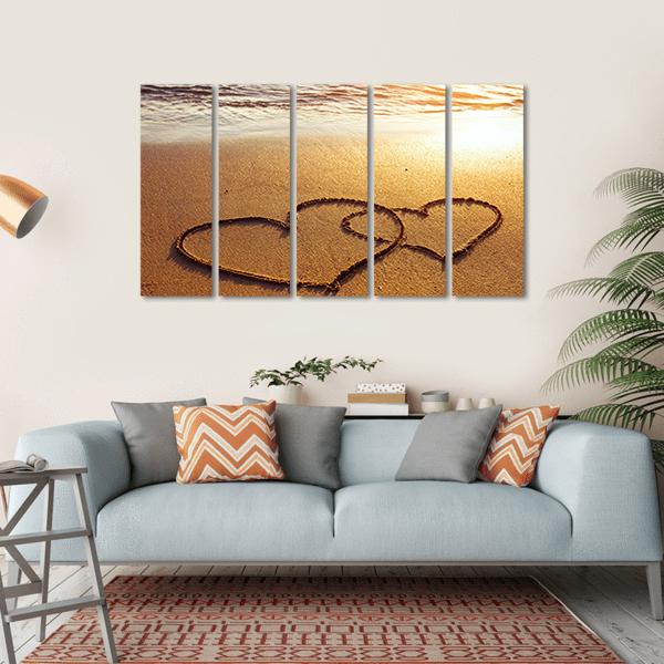 Valentine's Day Greetings On The Sand Two Hearts Canvas Wall Art-5 Horizontal-Gallery Wrap-22" x 12"-Tiaracle