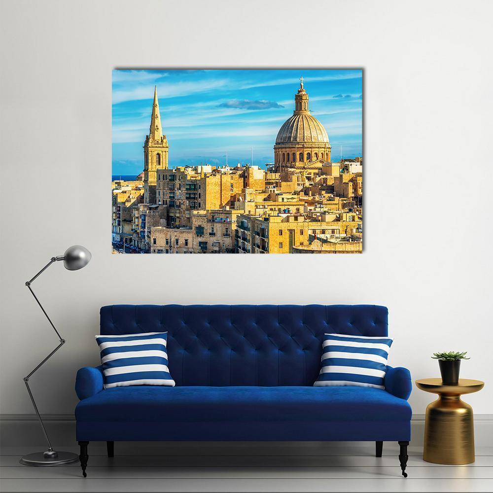 Valletta Skyline, Malta Canvas Wall Art in beige, yellow and blue, single panel hung on a wall