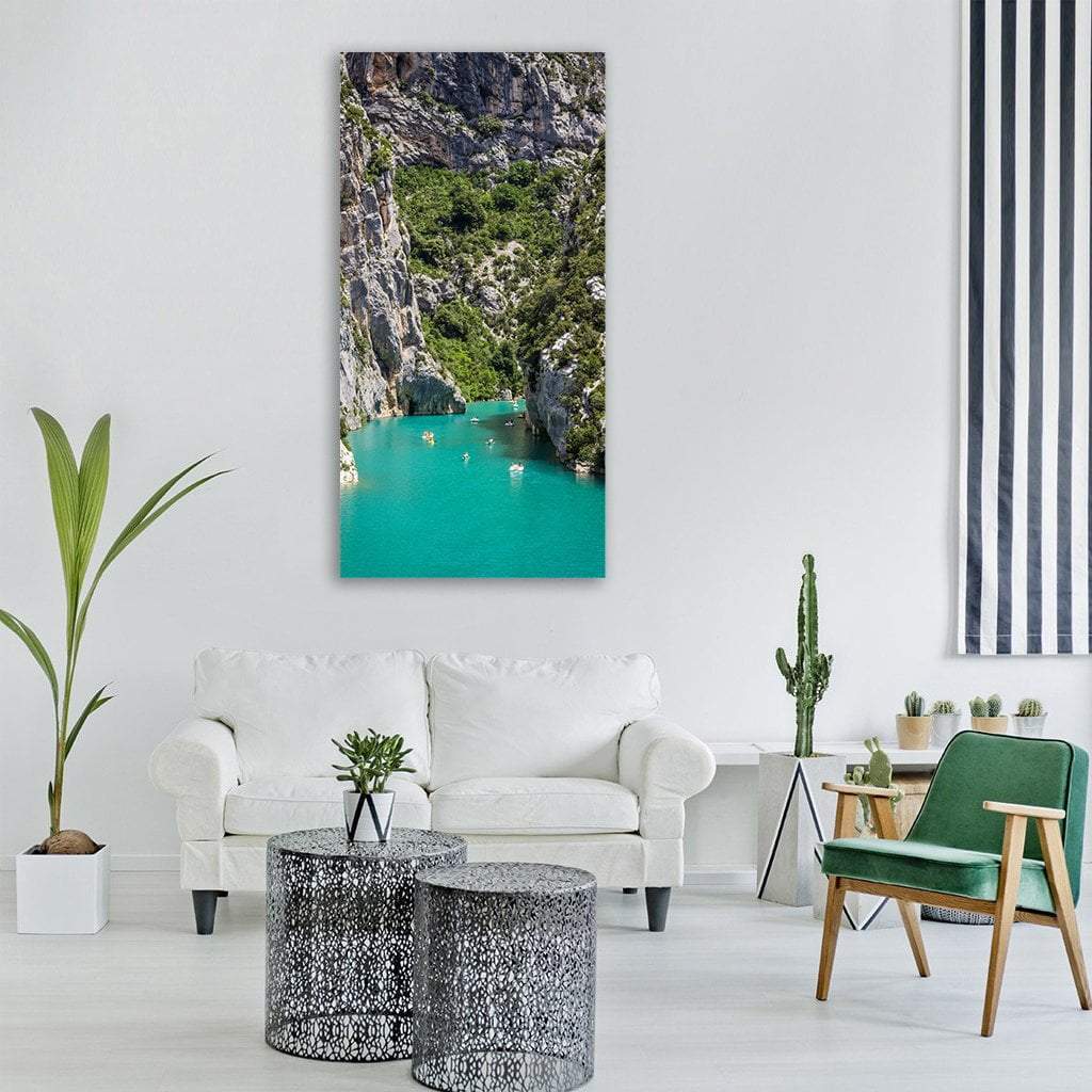 Valley Ridge River Canyon in Canada Vertical Canvas Wall Art in gray, green and blue, single vertical panel hung on a wall