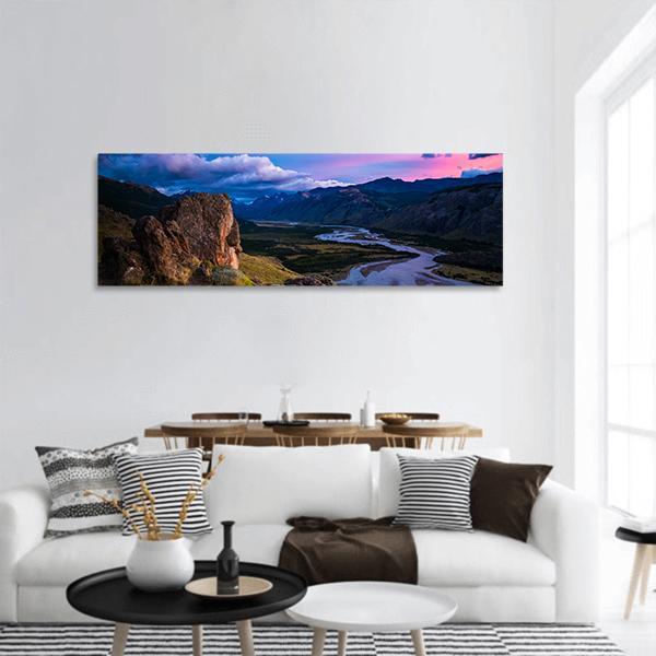 Valley With River And Mountains During Sunrise Panoramic Canvas Wall Art-1 Piece-36" x 12"-Tiaracle