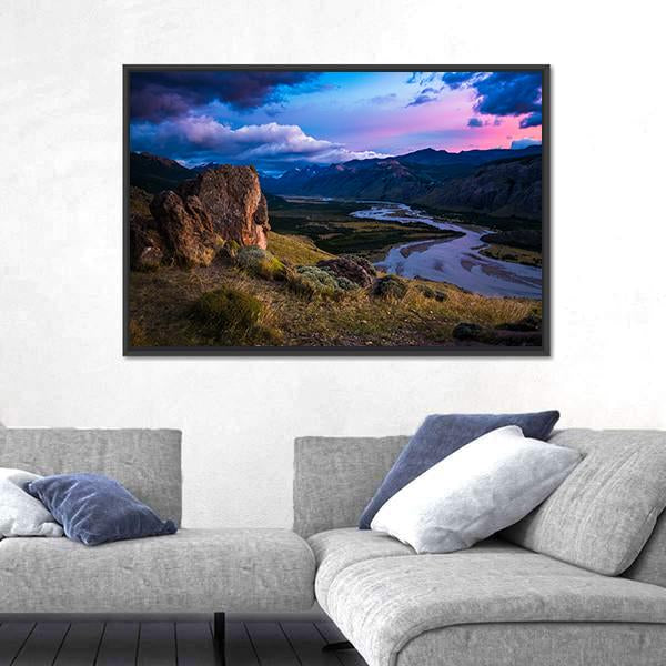 Valley With River And Mountains During Sunrise Panoramic Canvas Wall Art-1 Piece-36" x 12"-Tiaracle