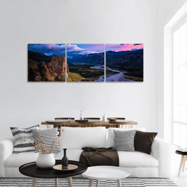 Valley With River And Mountains During Sunrise Panoramic Canvas Wall Art-3 Piece-25" x 08"-Tiaracle