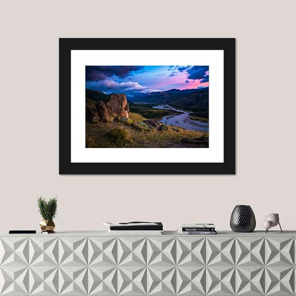 Valley With River And Mountains During Sunrise Panoramic Canvas Wall Art-1 Piece-36" x 12"-Tiaracle