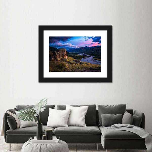 Valley With River And Mountains During Sunrise Panoramic Canvas Wall Art-1 Piece-36" x 12"-Tiaracle