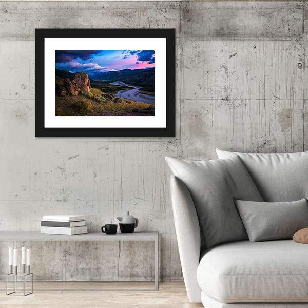 Valley With River And Mountains During Sunrise Panoramic Canvas Wall Art-1 Piece-36" x 12"-Tiaracle