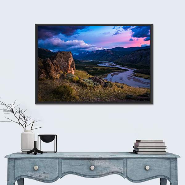 Valley With River And Mountains During Sunrise Panoramic Canvas Wall Art-1 Piece-36" x 12"-Tiaracle