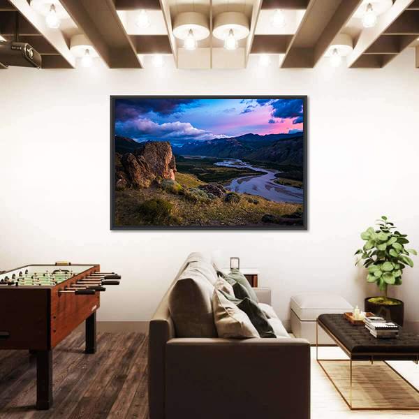 Valley With River And Mountains During Sunrise Panoramic Canvas Wall Art-1 Piece-36" x 12"-Tiaracle