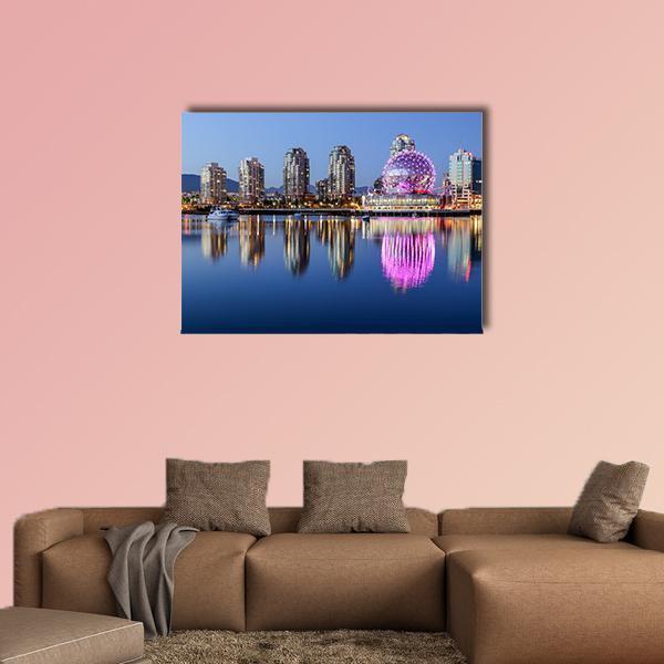 Vancouver Night Skyline with Science World Dome Canvas Wall Art in blue, navy and purple, single panel hung on a wall