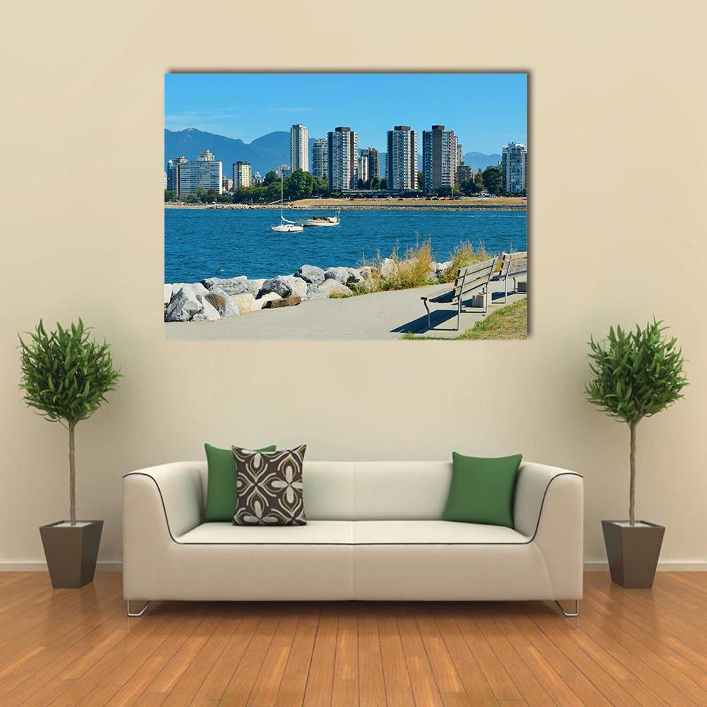 Vancouver Waterfront Skyline Canvas Wall Art in gray and blue, single panel hung on a wall