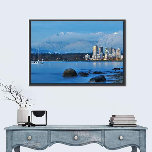 Vancouver Cityscape With Grouse Mountain Canvas Wall Art-1 Piece-Floating Frame-24" x 16"-Tiaracle