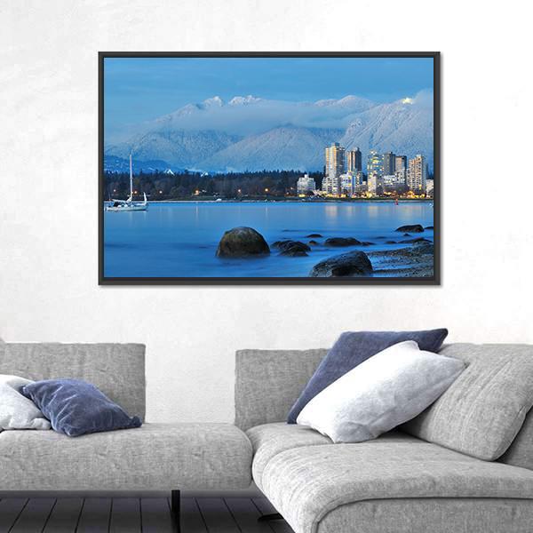 Vancouver Cityscape With Grouse Mountain Canvas Wall Art-3 Horizontal-Gallery Wrap-25" x 16"-Tiaracle