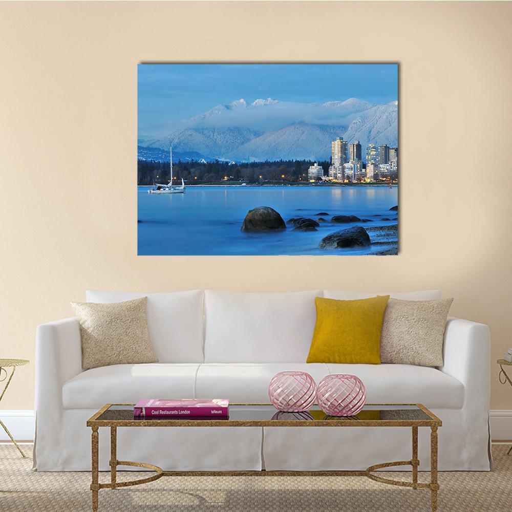 Vancouver Cityscape with Grouse Mountain Canvas Wall Art in white and blue, single panel hung on a wall