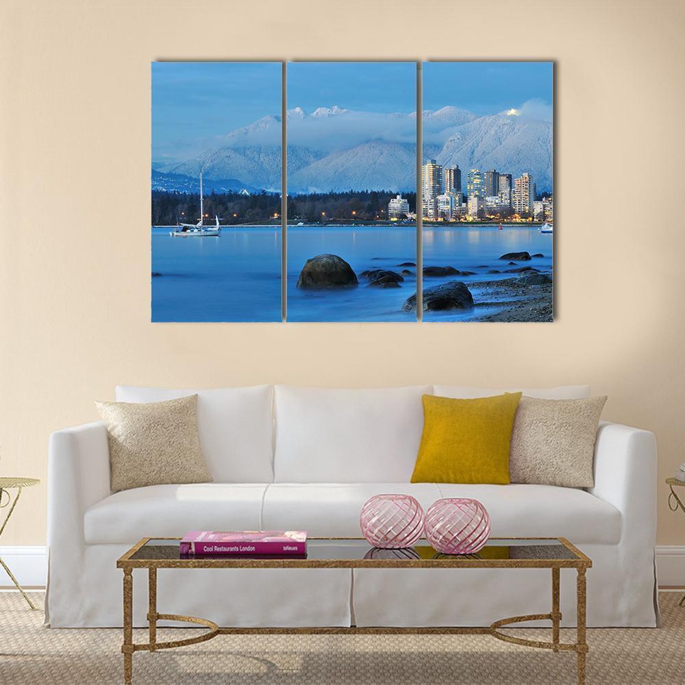 Vancouver Cityscape With Grouse Mountain Canvas Wall Art-3 Horizontal-Gallery Wrap-37" x 24"-Tiaracle