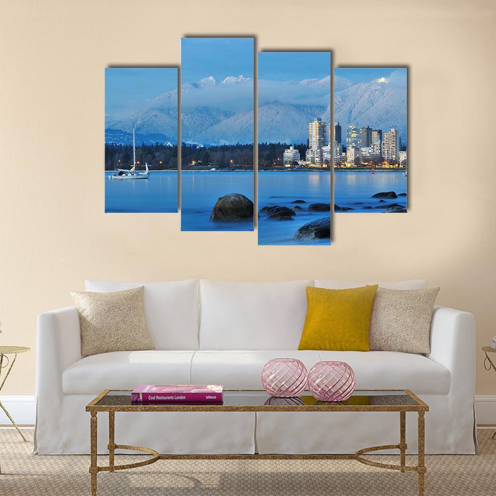 Vancouver Cityscape With Grouse Mountain Canvas Wall Art-4 Pop-Gallery Wrap-50" x 32"-Tiaracle