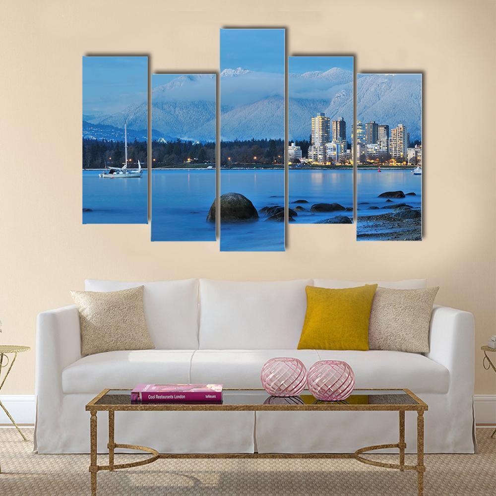 Vancouver Cityscape With Grouse Mountain Canvas Wall Art-5 Pop-Gallery Wrap-47" x 32"-Tiaracle