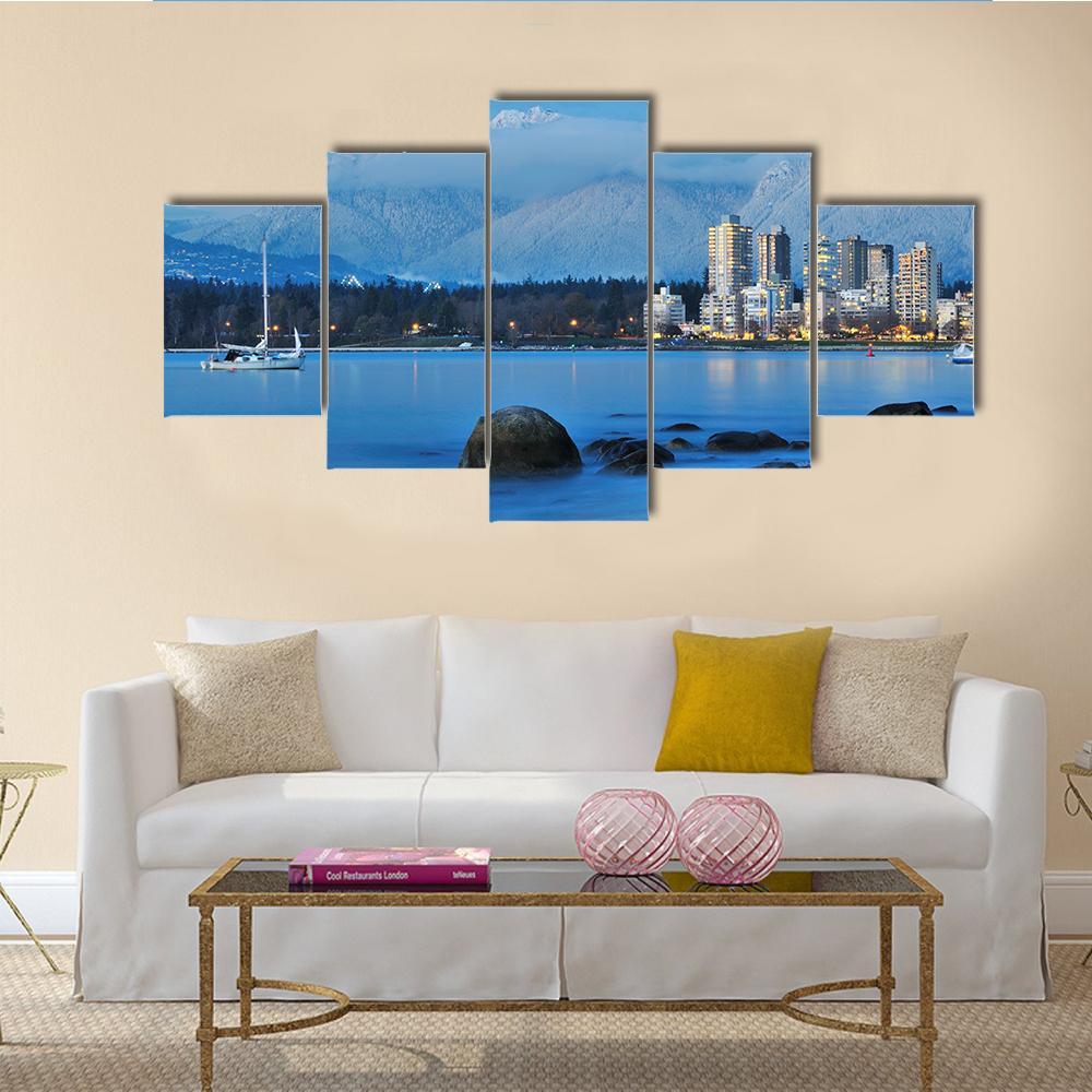 Vancouver Cityscape With Grouse Mountain Canvas Wall Art-5 Star-Gallery Wrap-62" x 32"-Tiaracle