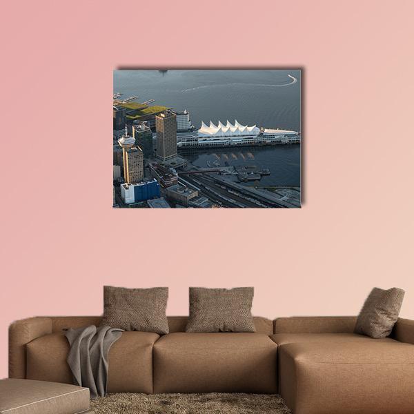 Vancouver Downtown Waterfront Skyline Canvas Wall Art in gray and blue, single panel hung on a wall