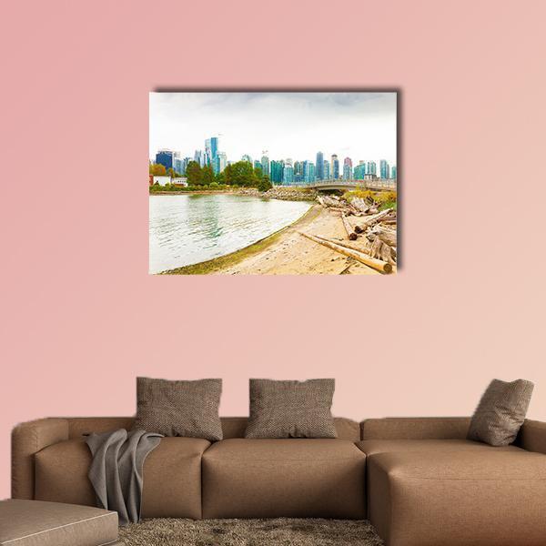 Cloudy Vancouver Waterfront Skyline Canvas Wall Art in white, beige and blue, single panel hung on a wall