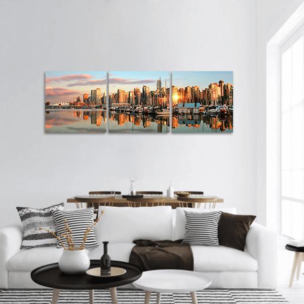 Vancouver Skyline At Sunset Panoramic Canvas Wall Art-3 Piece-25" x 08"-Tiaracle