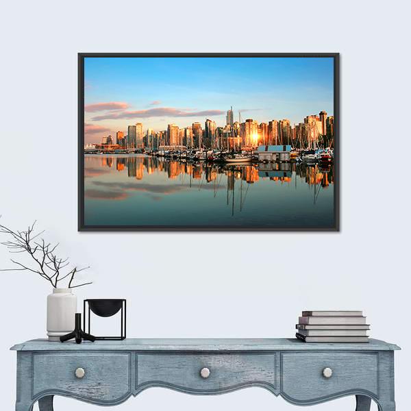 Vancouver Skyline Panorama At Sunset Canvas Wall Art-1 Piece-Floating Frame-24" x 16"-Tiaracle