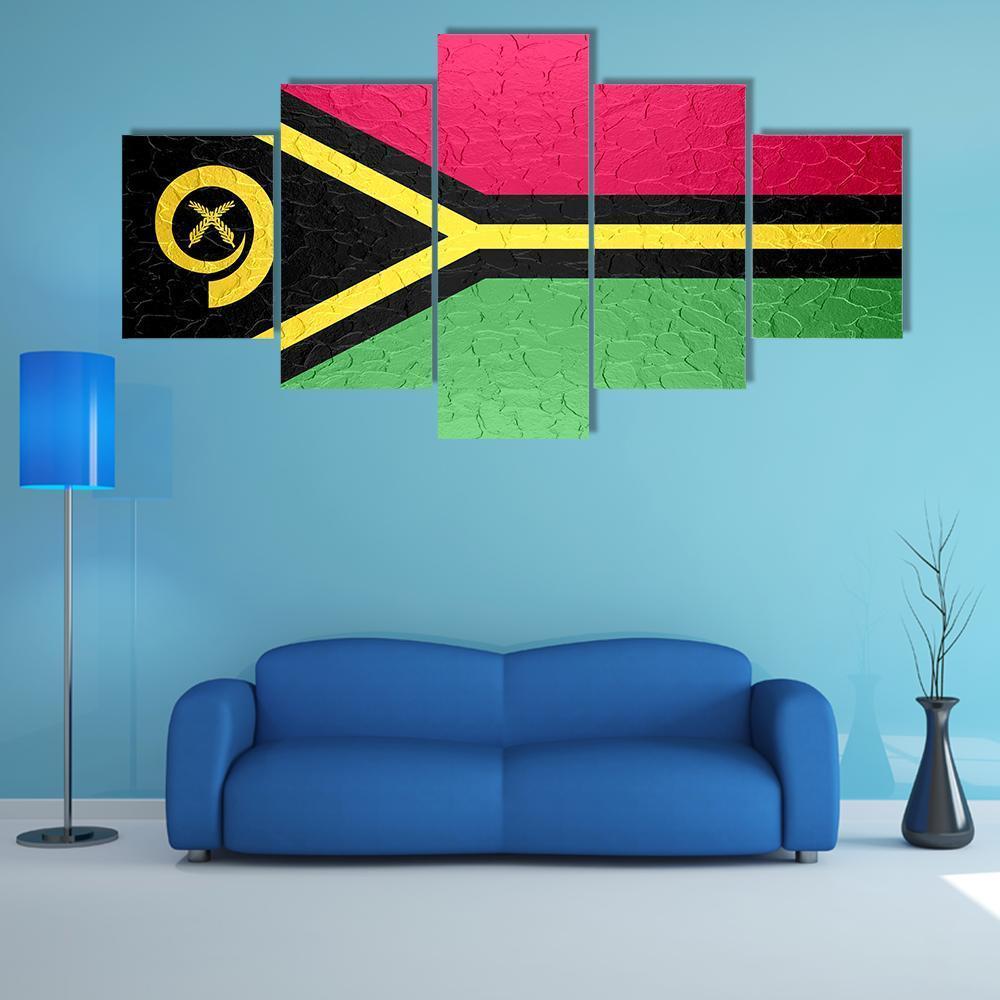 Vanuatu Flag On Metal Texture Canvas Wall Art-5 Star-Gallery Wrap-62" x 32"-Tiaracle