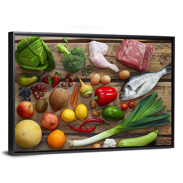 Various Paleo Diet Products On Wooden Table Canvas Wall Art-5 Horizontal-Gallery Wrap-22" x 12"-Tiaracle