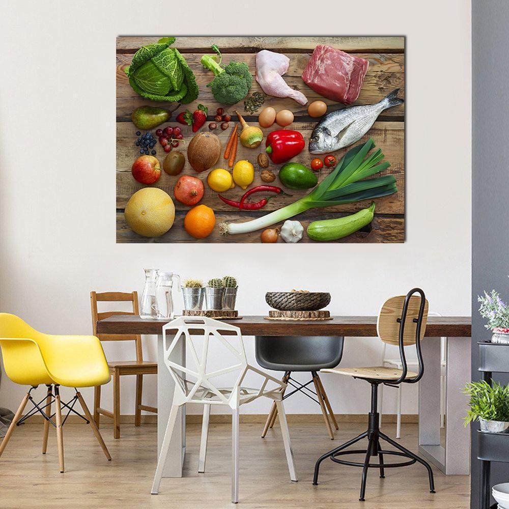Paleo Diet Food Assortment Canvas Wall Art in brown, green and multicolor, single panel hung on a wall