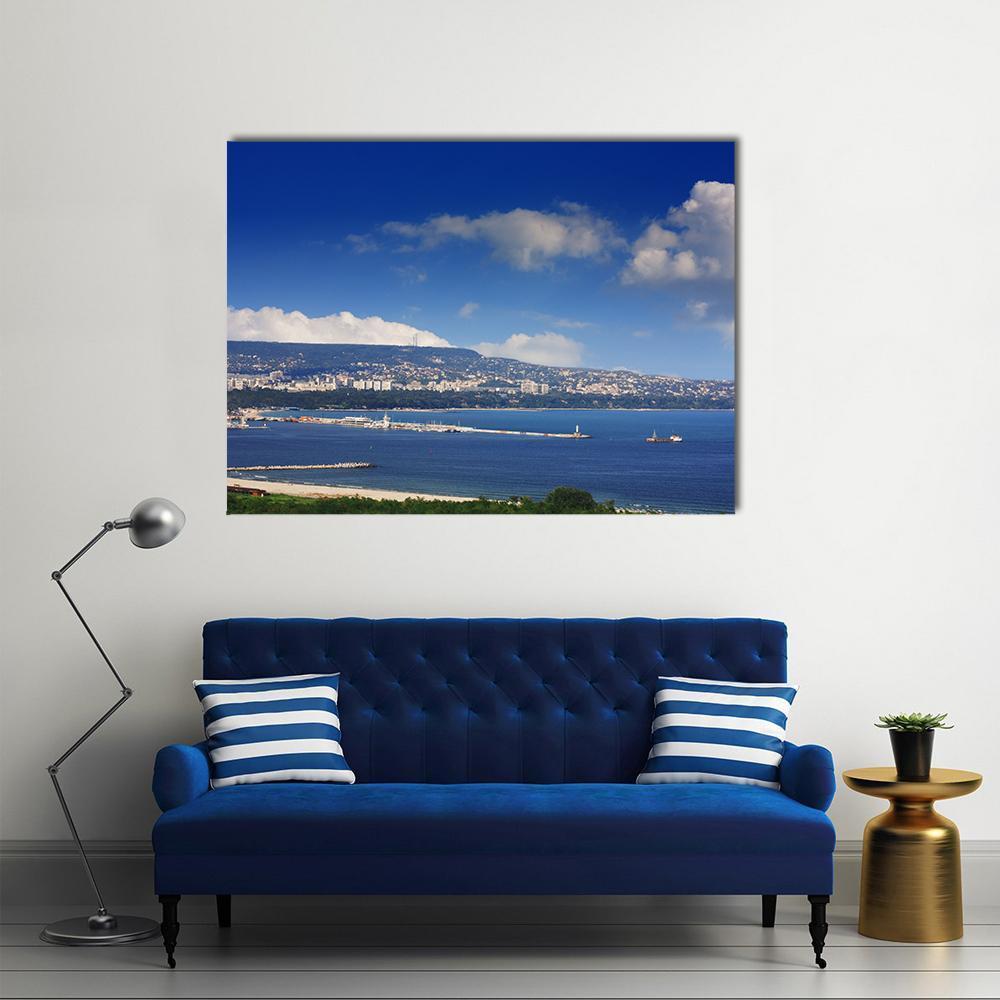 View from Asparuhovo, Varna Canvas Wall Art in white and blue, single panel hung on a wall