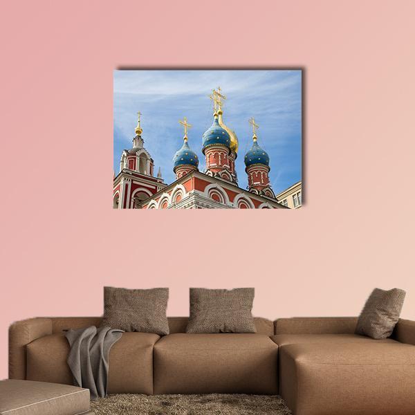 Varvarka Street Cathedrals and Churches Canvas Wall Art in gold, red and blue, single panel hung on a wall