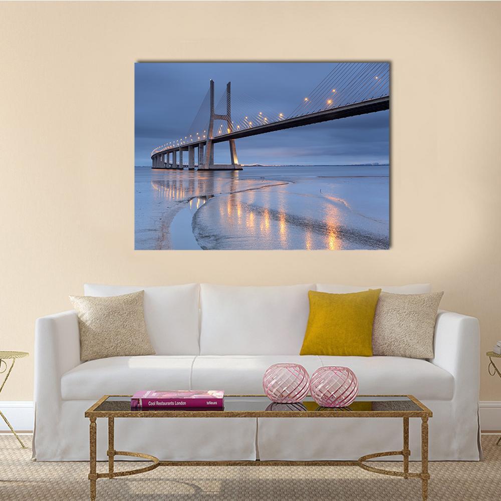 Vasco Da Gama Bridge Canvas Wall Art-1 Piece-Gallery Wrap-48" x 32"-Tiaracle