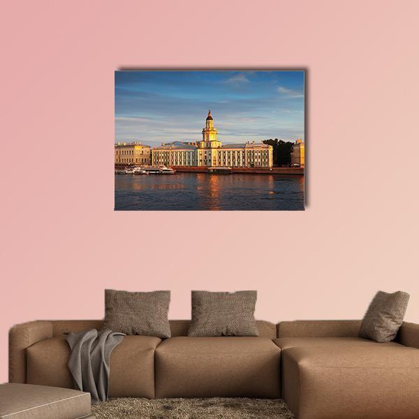 Island Sunset with Ornate Dome and Boats Canvas Wall Art in gold, orange and blue, single panel hung on a wall