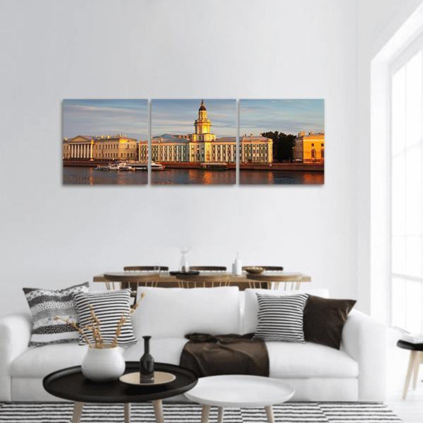 Vasilyevsky Island Golden Hour Waterfront Panoramic Canvas Wall Art in gold, yellow and blue, hung on a wall
