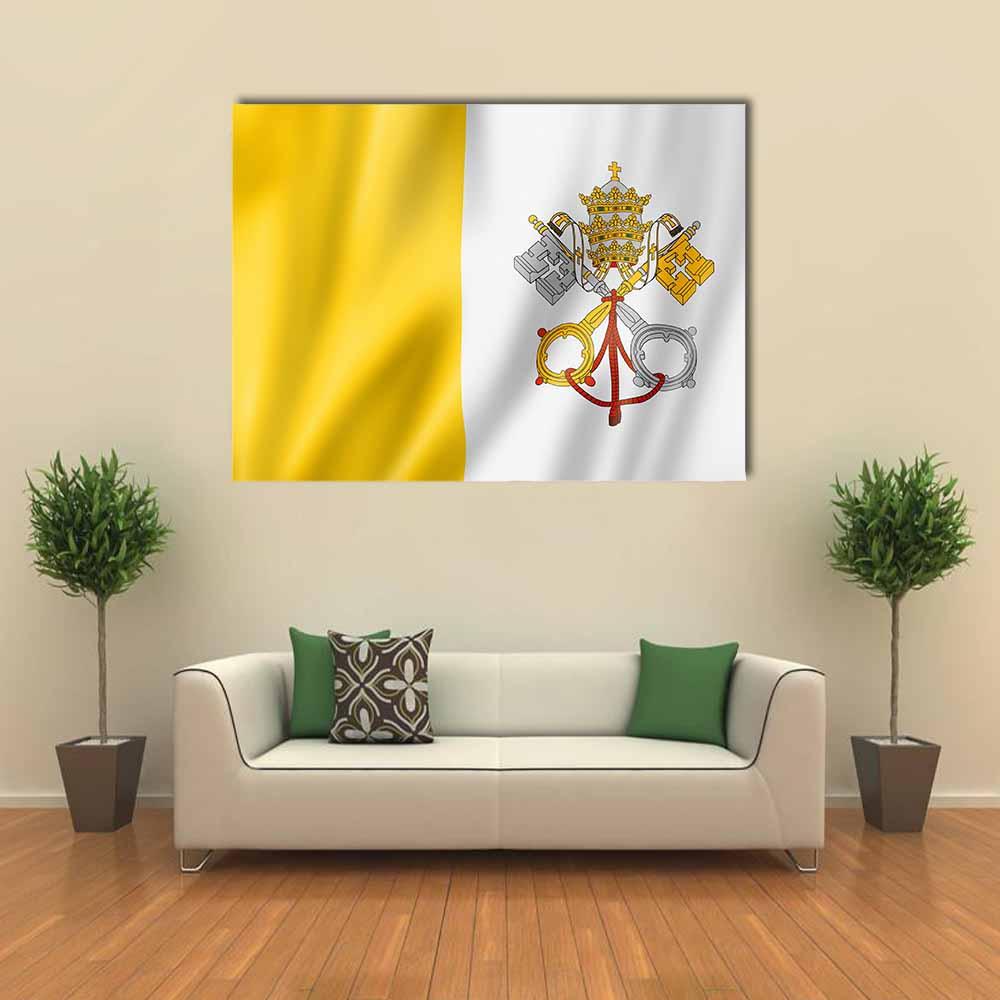 Vatican City Flag with Papal Coat of Arms Canvas Wall Art in white and yellow, single panel hung on a wall