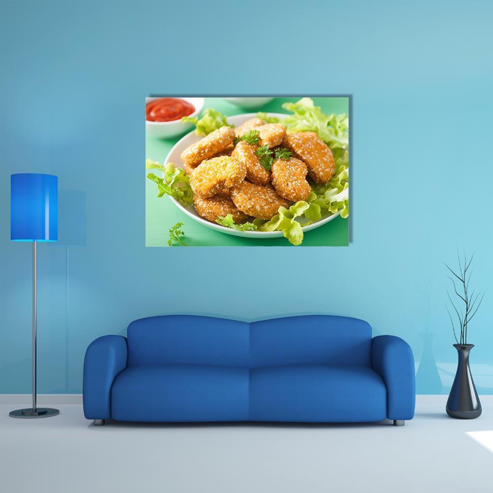 Vegan Soy Nuggets Close-up Canvas Wall Art in white, brown and green, single panel hung on a wall