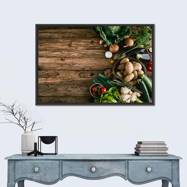 Vegetables on Wood Ready for Cooking Canvas Wall Art in brown and green, framed canvas, product view on a white background