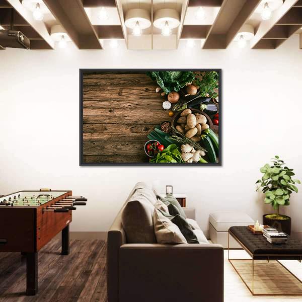 Vegetables On Wood Ready For Cooking Canvas Wall Art-5 Horizontal-Gallery Wrap-22" x 12"-Tiaracle