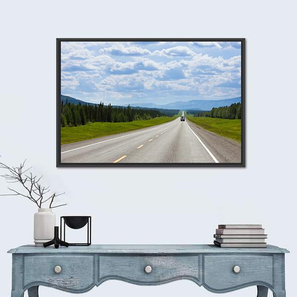 Vehicle On Empty Road Of Alaska Highway Canvas Wall Art-1 Piece-Floating Frame-24" x 16"-Tiaracle