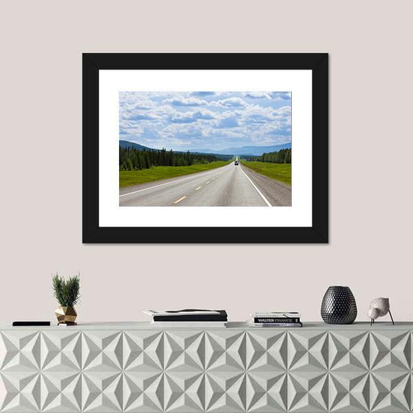 Vehicle On Empty Road Of Alaska Highway Canvas Wall Art-1 Piece-Framed Print-20" x 16"-Tiaracle