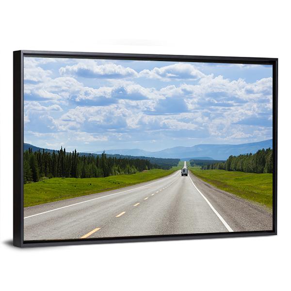 Vehicle On Empty Road Of Alaska Highway Canvas Wall Art-3 Horizontal-Gallery Wrap-25" x 16"-Tiaracle
