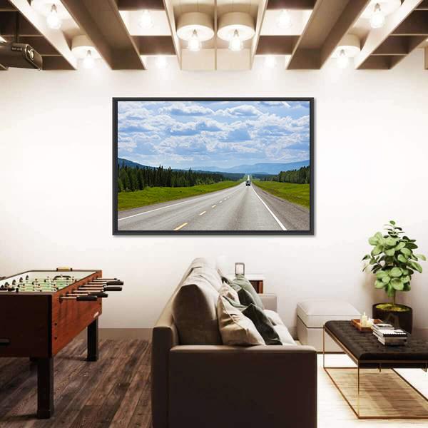 Vehicle On Empty Road Of Alaska Highway Canvas Wall Art-3 Horizontal-Gallery Wrap-25" x 16"-Tiaracle