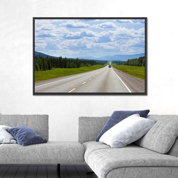 Vehicle On Empty Road Of Alaska Highway Canvas Wall Art-3 Horizontal-Gallery Wrap-25" x 16"-Tiaracle