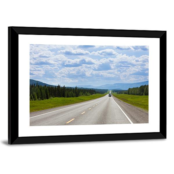 Vehicle On Empty Road Of Alaska Highway Canvas Wall Art-3 Horizontal-Gallery Wrap-25" x 16"-Tiaracle