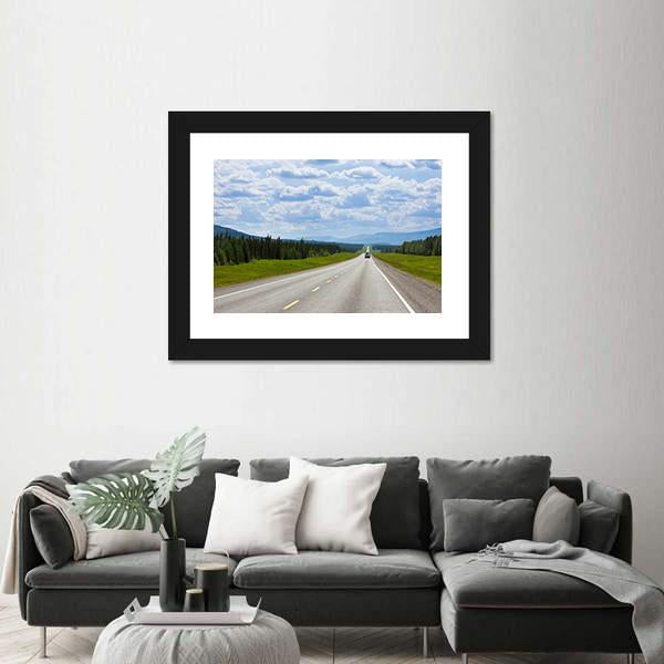 Vehicle On Empty Road Of Alaska Highway Canvas Wall Art-3 Horizontal-Gallery Wrap-25" x 16"-Tiaracle