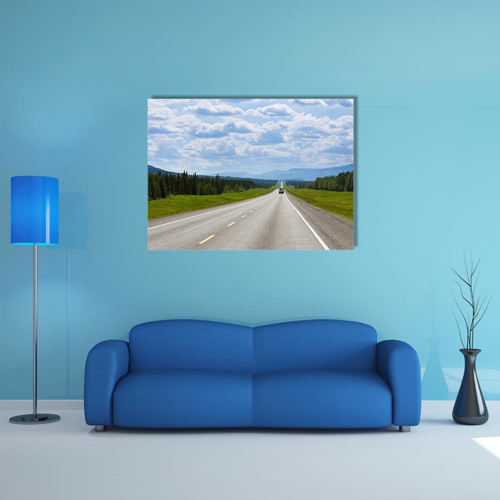 Vehicle On Empty Road Of Alaska Highway Canvas Wall Art-1 Piece-Gallery Wrap-48" x 32"-Tiaracle